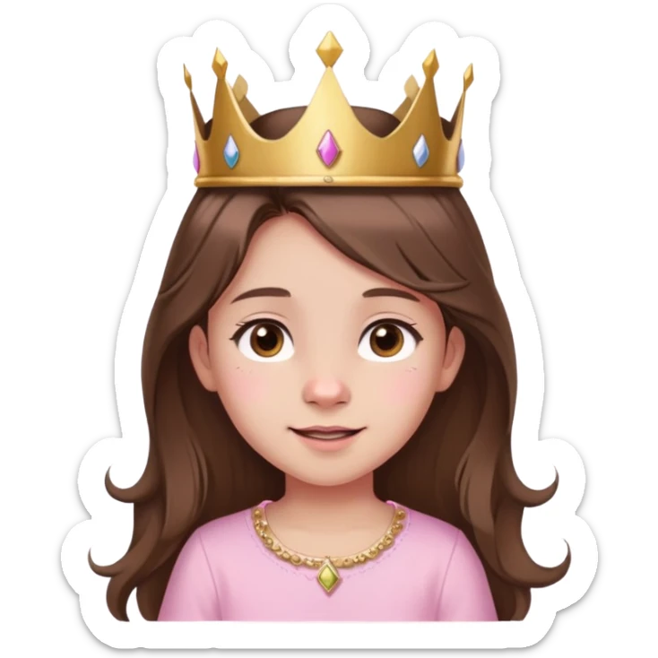girl, long brown hair, brown eyes, baby pink shirt, gold crown, small birthmark left of nose, cheerful birthday expression sticker