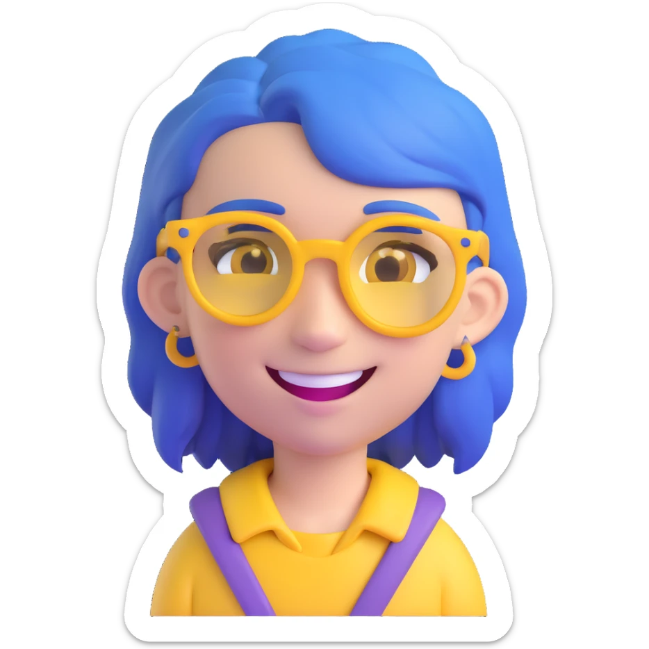 Create an individual memoji of a character with purple skin, blue hair, wearing yellow glasses, smiling, in a 3D cartoon style similar to the reference image. sticker