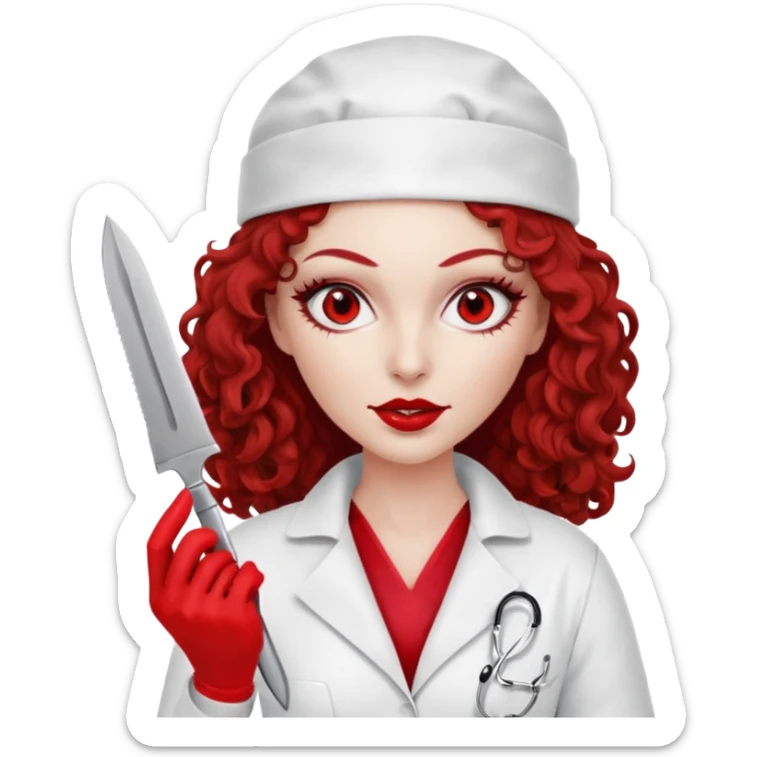 


Scary woman scalpel in hand, evil surgeon sexy surgeon clothes.  She has red eyes. Her  brown long curly hair. Wears sexy doctor outfit with red gloves. make her wear red ski mask  to hide. Wears white surgeon coat, wears  stilettos sticker