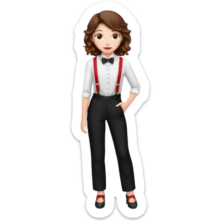 Woman with wavy brown hair and hazel eyes wearing black tuxedo pants with red suspenders sticker