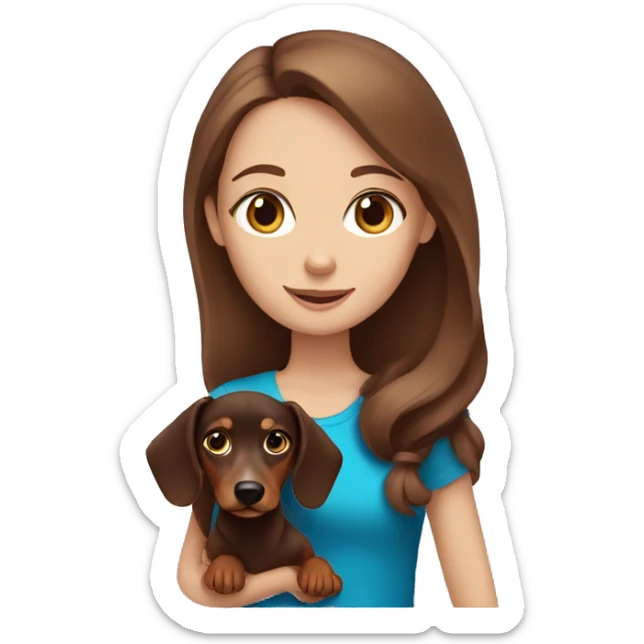Girl with blue eyes and brown hair holding a dachshund sticker
