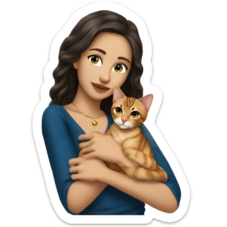 Beautiful skinny woman long dark brown hair in dark dress with gold earrings and blond blue eyes man  hair hug bengal cat sticker