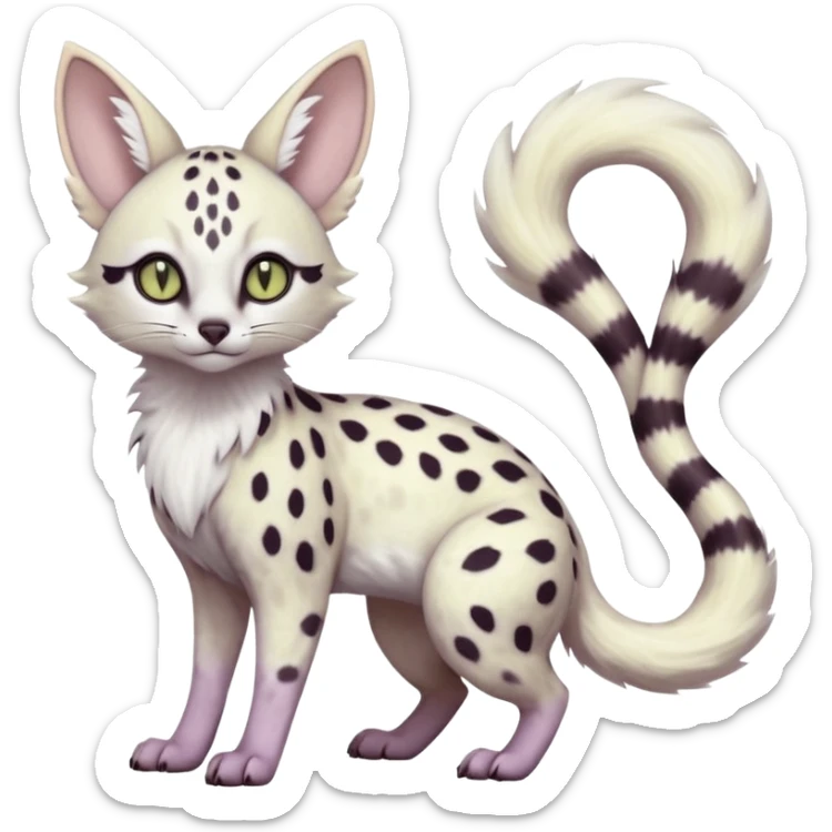 White Albino pastel whitish grey-spotted Serval-Civet-Genet-Trico-Furret-Linoone-Noibat-Espeon-Fakémon-Pokémon-animal-hybrid-fusion-creature (full body) with vibrant glowing eyes, cute, elegant, soft, realistic, pastel fur sticker