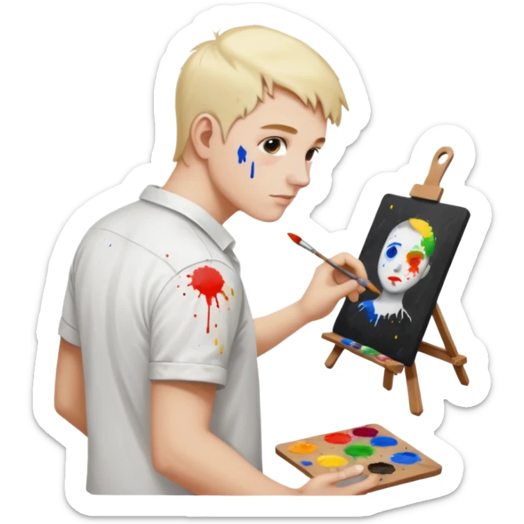 the white artist stands with his back to the painting, painting a portrait sticker