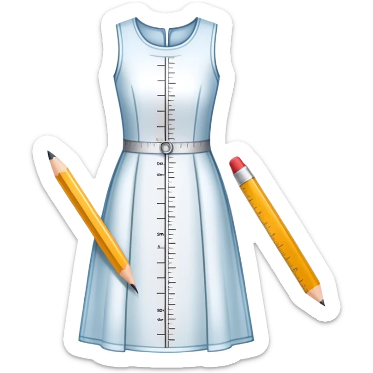 Icon for Fashion Design: a dress pattern with measurements, a ruler, and a pencil. The icon should represent the process of designing clothing with a focus on precision and tailoring. Transparent background. sticker