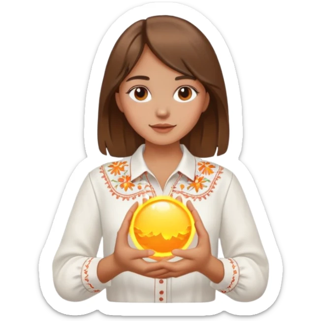A young Ukrainian girl with brown hair wearing a white embroidered shirt holds the sun in her hands sticker