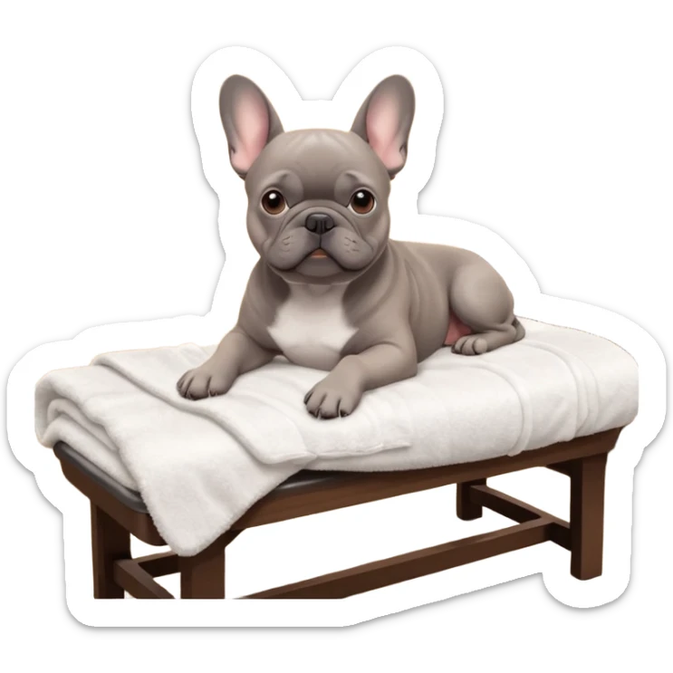 A gray French Bulldog lying relaxed on a professional massage table in a cozy spa room. Soft warm lighting, clean interior, gentle towels, peaceful atmosphere, detailed high-quality render, cute facial expression, realistic fur texture. sticker