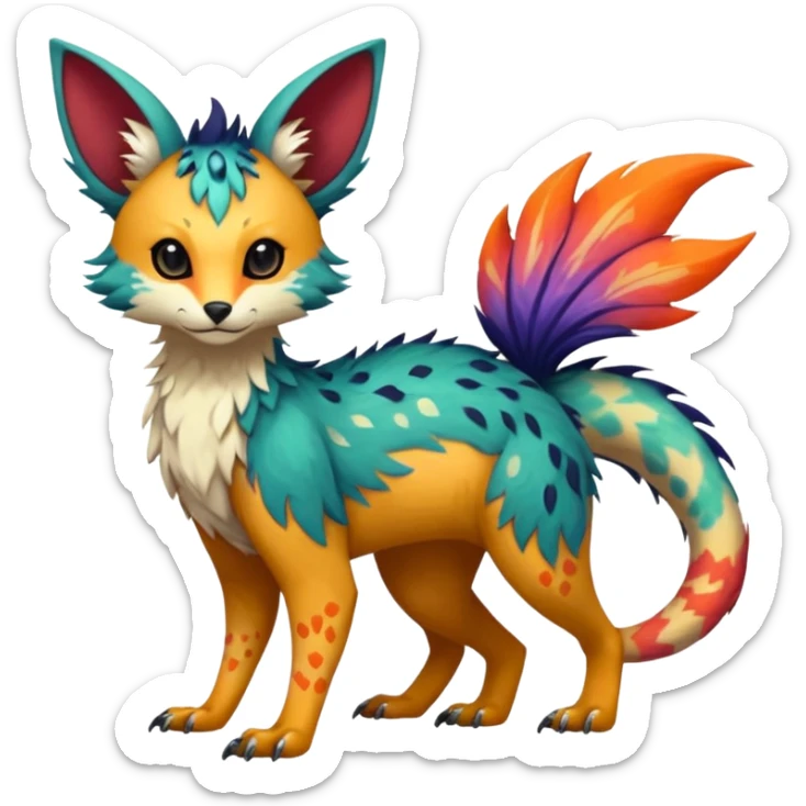 Beautiful pretty cool edgy elegant realistic Feral Rare Fantasy colorful vibrant Vernid-Trico-species-Fakemon-creature by LiLaiRa, random markings, tufted tail, tufted ears, full body sticker