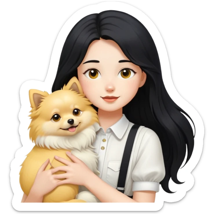 A girl with fair skin, long black hair, white suspenders, hugging a yellow long-haired Pomeranian sticker