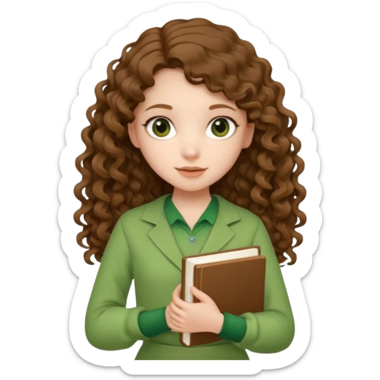A girl with long brown curls and a green outfit holding a stacking book in her hand sticker