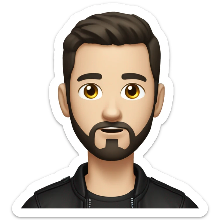 young white man with very short dark brown hair and beard,buzzcut,  cool outfit, black leather jacket and black shirt underneath, angry eyes sticker