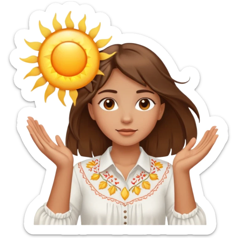 A young Ukrainian girl with brown hair wearing a white embroidered shirt holds the sun in her hands sticker