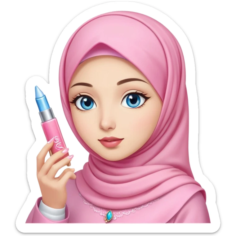Turkish beautiful finish Konya girl blue eyes with light sakura and pink hijab islamic dress and had on her hand kiko lipgloss and she wearing the lipgloss sticker