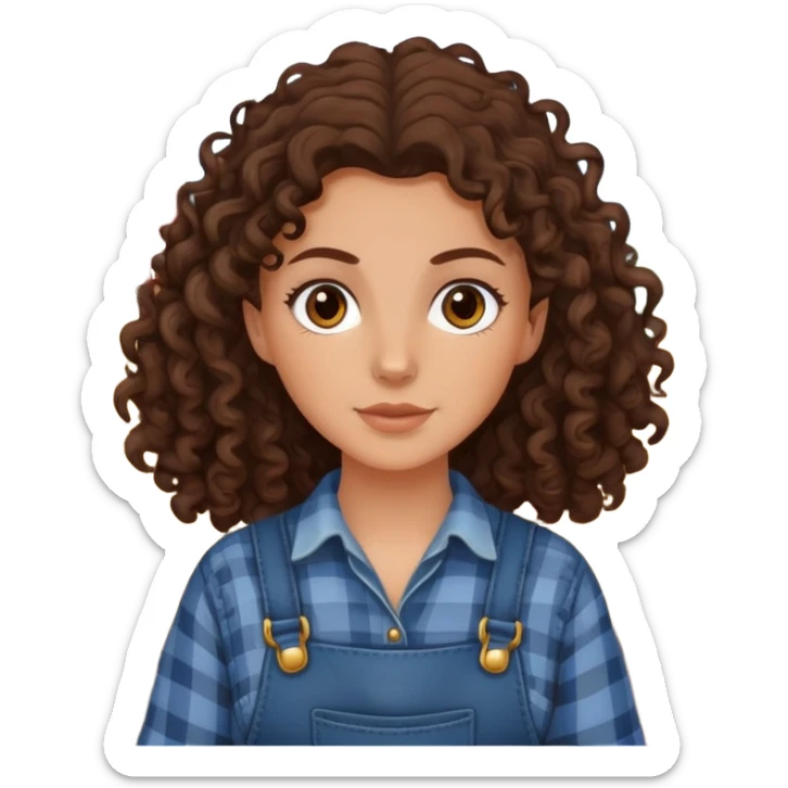 white girl with dark brown curly hair, brown eyes, wearing farm clothes sticker