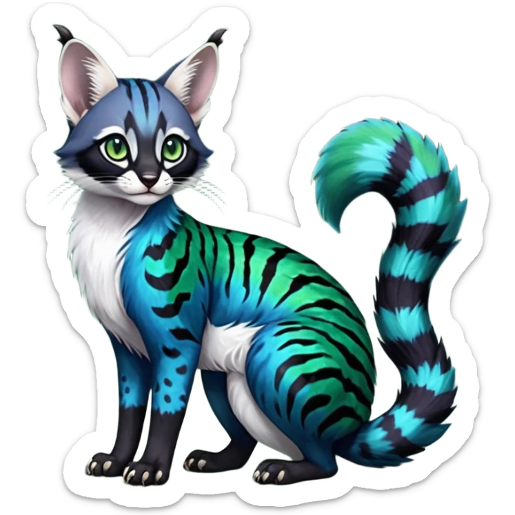 Colorful dark tropical cobalt-blue, black, white fur, with green eyes, iridescent glorious divine exotic cute cool beautiful shiny beautiful fantasy-caracal-civet-genet-sergal-vernid-Cacomistle-Furret-civet-oncilla-animal-Fakémon-hybrid-fursona with pattern markings (full body) sticker