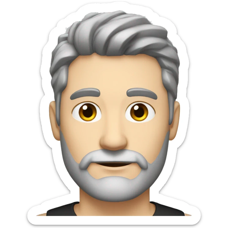 White man in black v-neck shirt with greying black hair and short greying beard sticker
