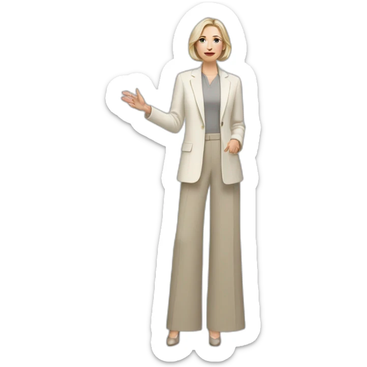 Full height Actively gesturing with hands pale skin woman with ash blonde Straightened bob Hair, White Spacious classical jacket, beige palazzo Arrow pants and gray blouse sticker
