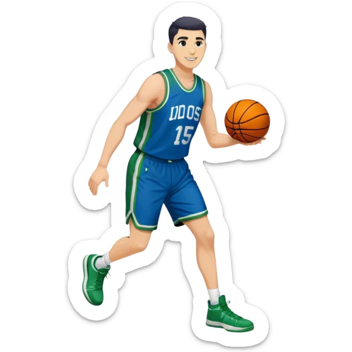 Full Body heavy tall white male with dark short spike hair basketball player wearing blue green uniform smiling sticker