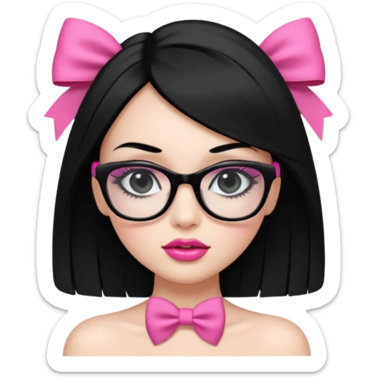 Pretty girl with long straight black hair, pink bow on the right side, big black glasses, fake lashes, makeup with eyeliner and glossy lips, white strapless top, upper body only sticker