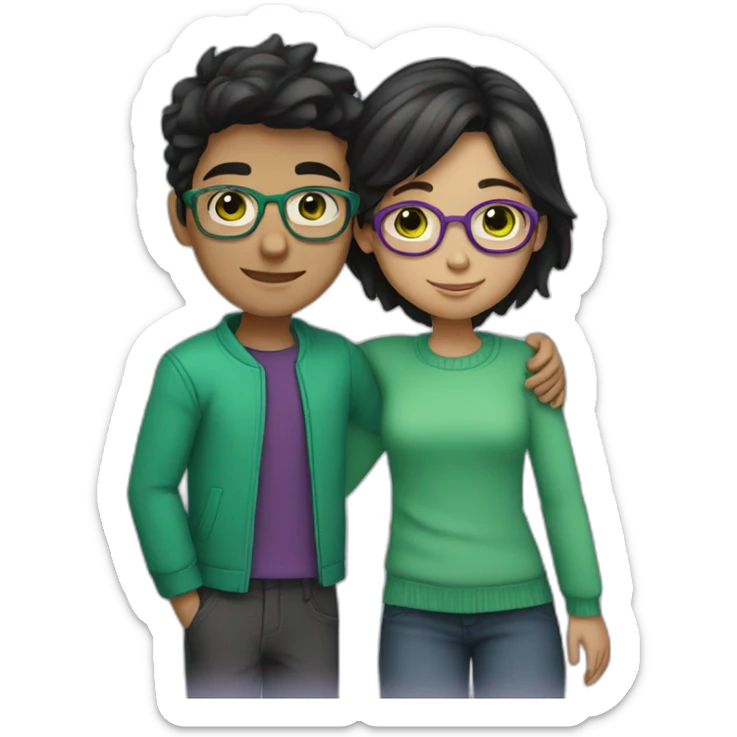 boy and girl hugging each other. the boy, has black wavy hair and wearing glasses, has green eyes. the girl, has medium-short straight hair dyed in purple, with brown eyes. sticker