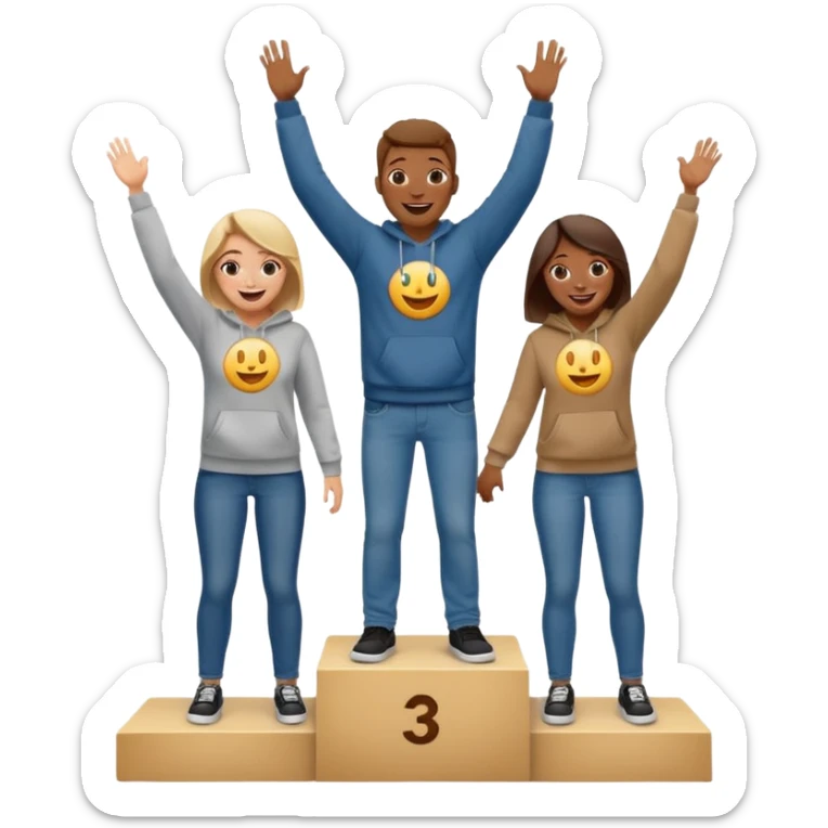 three people in jeans, t-shirts, and hoodies on a winners’ podium with the middle step higher, excited, fun, expressive emoji style sticker