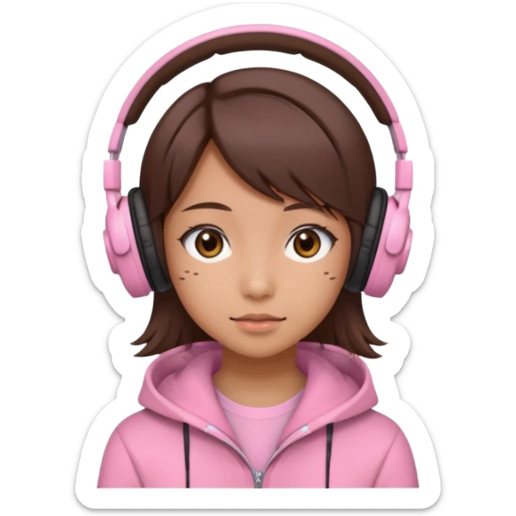 a japanese girl with brown layered cut hair. she has dark brown eyes, and has a cute super light pink gaming headphones sticker
