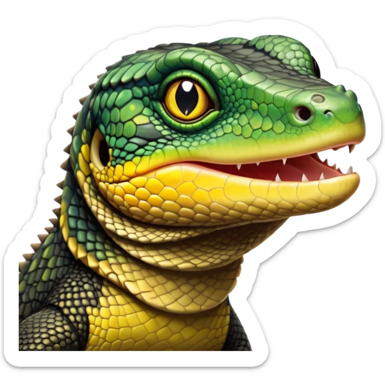 cinematic-realistic-cute-monitor-lizard-portrait-emoji,-head-tilted-playfully-and-inquisitively,-featuring-a-compact,-agile-body-with-finely-detailed,-glossy-scales-in-earthy-black and yellow-hues-and-a-distinct,-alert-face-with-bright,-curious-eyes, black , yellow spotted and green band  scales sticker