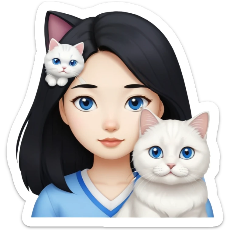 black hair Asiangirl with White British longhair cat blue eyes  sticker