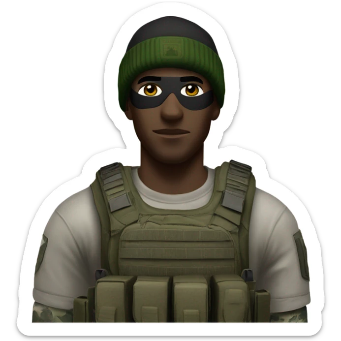 white male, tall, call of duty Logan mask, green camo tactical gear, combat boots, black beanie, hazel eyes sticker