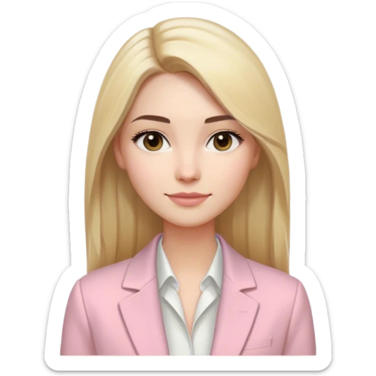 Young woman with long, straight blonde hair with a center part. Oval face with natural eyebrows, dark brown eyes and a subtle smile. Light makeup with natural pale pink lips. Wearing a light yellow blazer over a black top. Modern, professional style with delicate facial features.​​​​​​​​​​​​​​​​ sticker