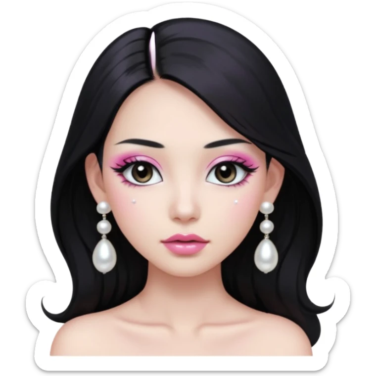 asian long black hair silver grey eyes glossy lips glittery white and pink eyeshadow girl pearl earrings sticker