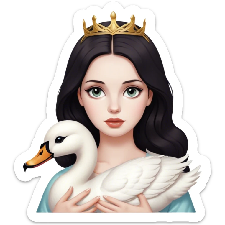 Girl who looks like Lana del Rey with dark hair, dark cat eyes, pale skin, with a Roman nose, holding a swan sticker