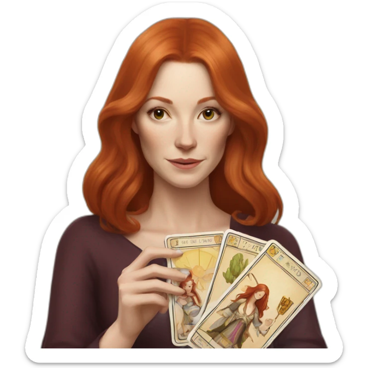 redhead white woman medium long straight hair, holding a tarot card in her hand sticker
