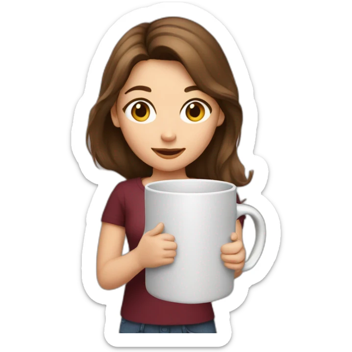 girl with brown hair, burgundy shirt with a large mug in her hand sticker