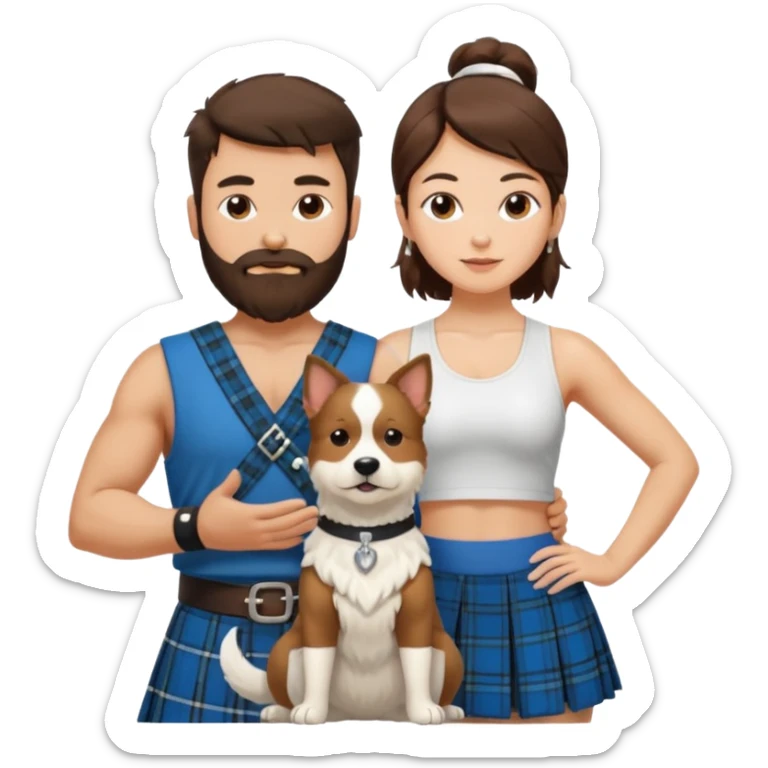 emoji of brunette man with beard wearing kilt, brunette woman in yoga outfit and one white fluffy dog sticker