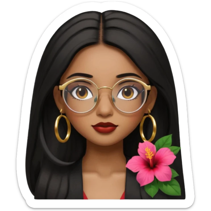 beautiful sexy brown girl with glasses, aesthetic, straight black long hair with side part, hibiscus in hair, gold hoop earrings, simple, beautiful, seductive, pretty, apple memoji style sticker