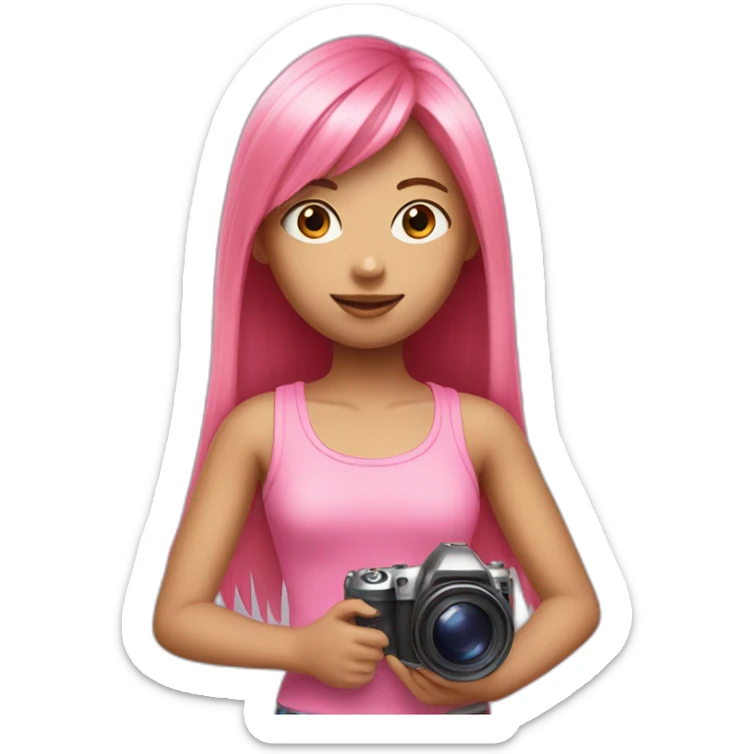 girl with long, straight rose hair with fringe and holding camera and paint brush and wearing pink tank top sticker