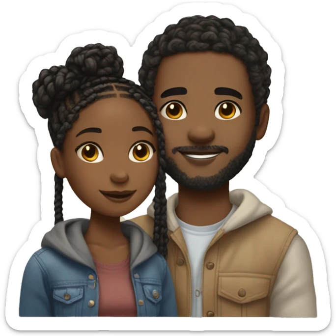 Realistic black girl with box braids and light skin boy with short curly hair and a short beard hugging sticker