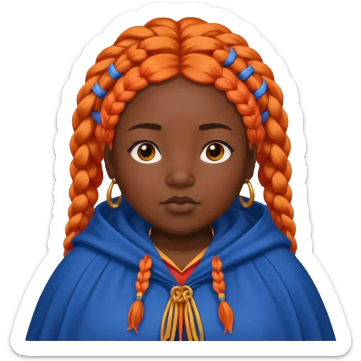 red orange braids hair girl, black skin, fat, wear blue cloak sticker