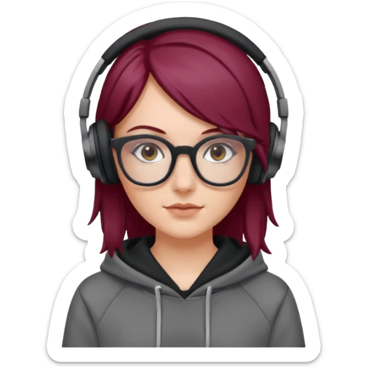 white girl with burgundy hair, gray rectangle glasses, black deportive hoodie and black headphones sticker