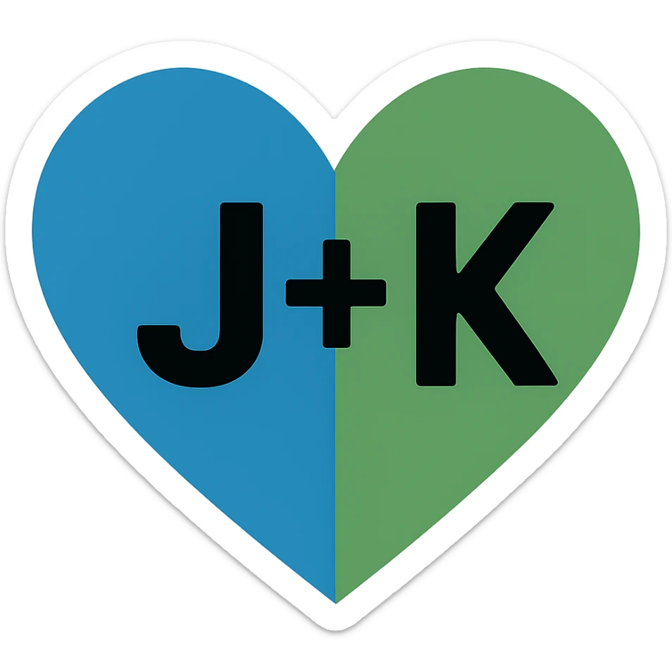 In the blue and green heart, place the letter J on the blue part and the letter K on the green part, maintaining a modern style with a transparent background. sticker