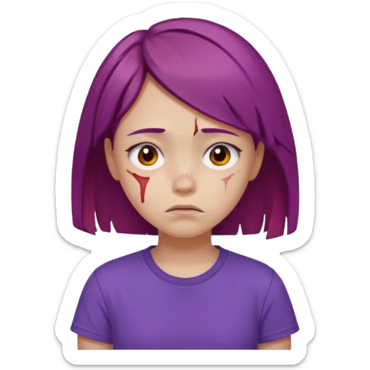 Young girl with red, damaged, and unattractive hair, wearing a purple T-shirt, with a sad face. sticker