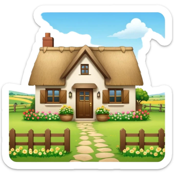 A countryside cottage with a thatched roof, wooden door, flowers around the house, green fields, peaceful rural scenery, natural lighting, detailed and realistic sticker