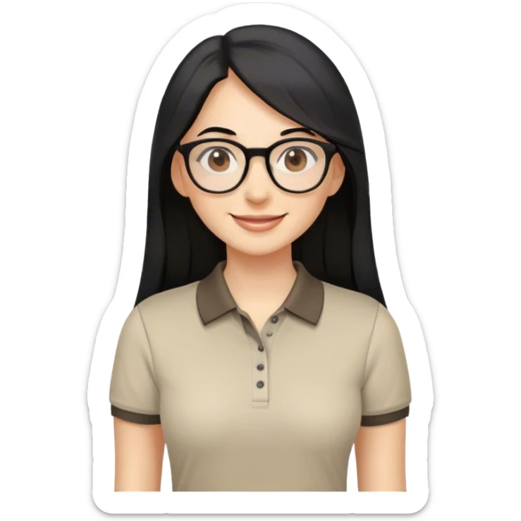 female teacher, long black hair with some grey, wearing round eyeglasses. Brown eyes. Wearing a polo shirt. Smiling sticker