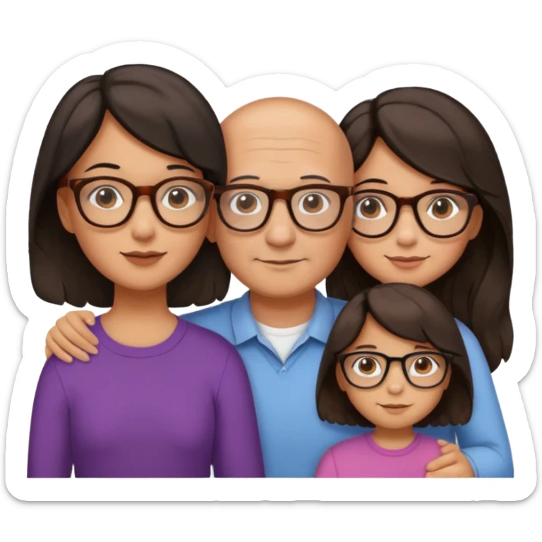 Papà calvo con occhiali, mamma capelli neri occhi marroni no occhiali, figlia capelli marroni mossi e occhiali tartarugati con montatura spessa occhi marroni, figlia capelli lisci marroni occhiali neri con montatura grande e fina occhi marroni  sticker