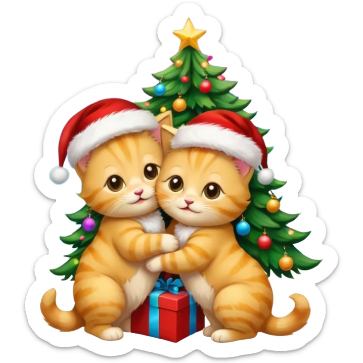 2 hazel eyed cute hugging happy fluffy gold kittens with Santa hats by a colorful multicolored brightly lit up Christmas trees sticker