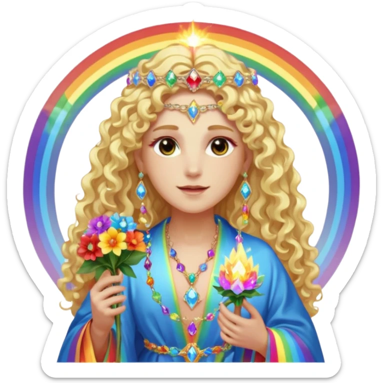 a being made of light pleidian nordic long faces and curly huge thick blond hair but beautiful features of light wearing jewels and a rainbow halo like a saint arount her a robe on made of light and gem  transparent belly dancer and who is lanky holding a bouquet of crystal flowers on rainbow fire sticker