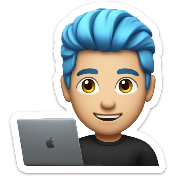 memoji of a man with a laptop in front, apple-style, modern, blue hair, black sweater, computer in hand, sites on a desk sticker