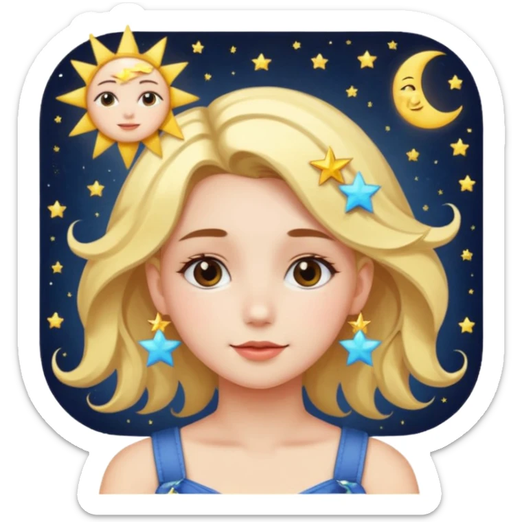An Emoji of girl, who can be described by three words: sun, moo, star sticker