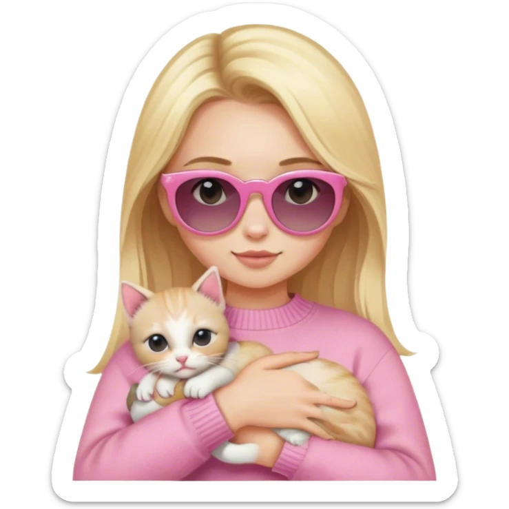 A girl with blonde hair, sunglasses, a pink jumper and a small kitten in her arms
 sticker